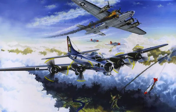 Картинка war, art, painting, aviation, ww2, Boeing B-17 Flying Fortress