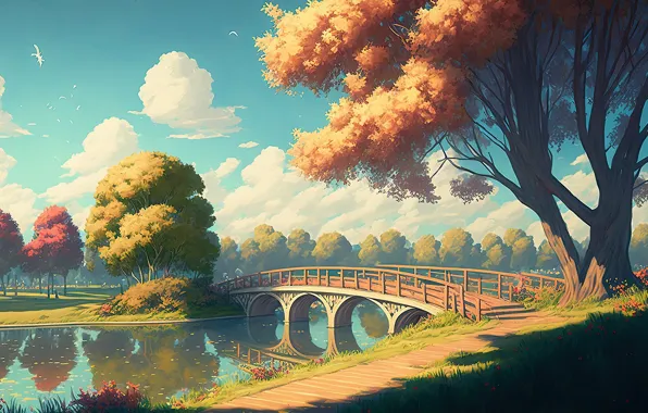 Картинка grass, trees, nature, bridge, water, clouds, lake, reflection
