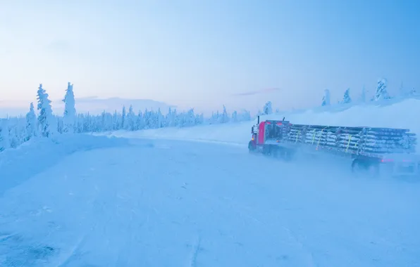 Картинка зима, дорога, лес, снег, деревья, Аляска, мороз, грузовик