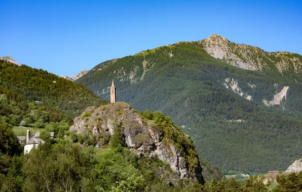Картинка горы, скалы, Франция, башня, церковь