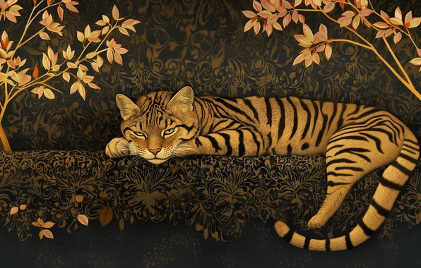 Кошка, кот, взгляд, листья, ветки, поза, узор, стилизация