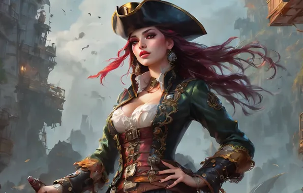Картинка girl, fantasy, cleavage, hat, breast, redhead, digital art, artwork