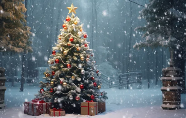 Картинка зима, снег, украшения, ночь, елка, Новый Год, Рождество, фонарь