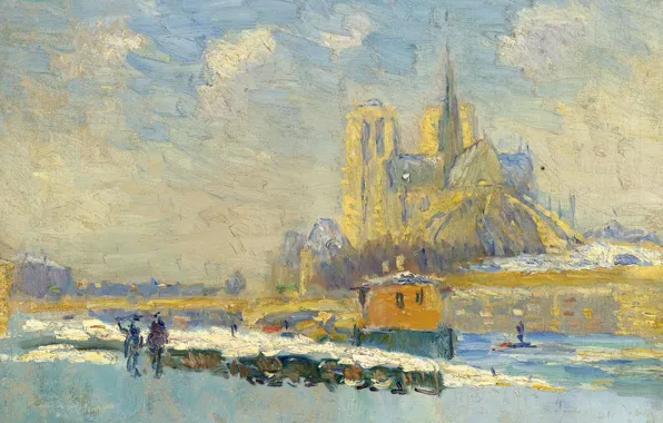 Картина, городской пейзаж, Альбер-Шарль Лебур, Albert Lebourg, Собор Парижской Богоматери и Набережная Турнель