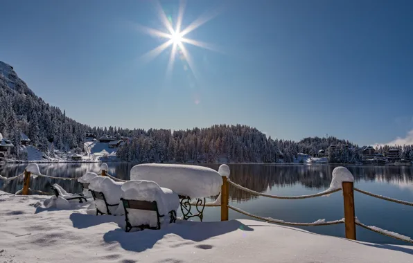 Фото, Солнце, Природа, Зима, Забор, Озеро, Австрия, Снег