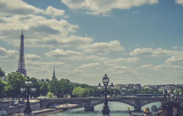 Картинка небо, облака, мост, Франция, Париж, Сена, Эйфелева башня, подайте лампы