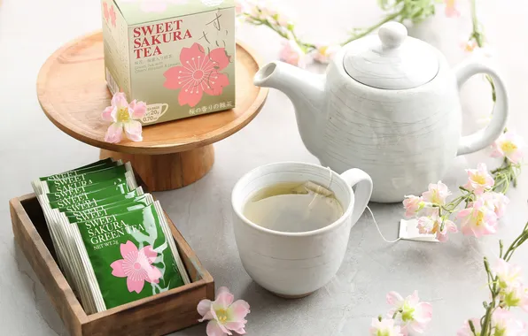 Сакура, чашка, напиток, зеленый чай