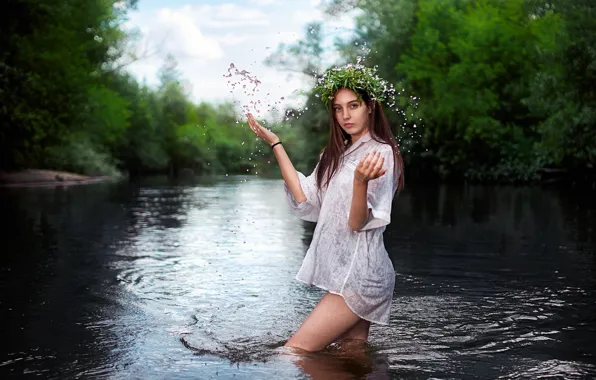 Лето, взгляд, вода, девушка, брызги, природа, поза, река