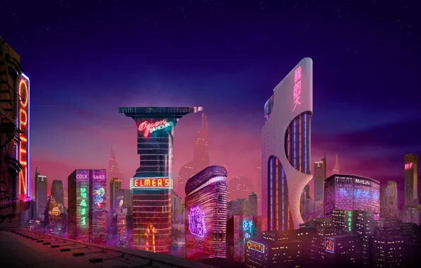 City, Neon, Concept Art, Architecture, Environments, by Fábio Costa, Fabio Costa, Fábio Costa