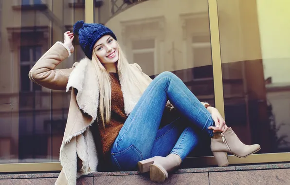 Girl, beautiful, jeans, coat, blonde, cute