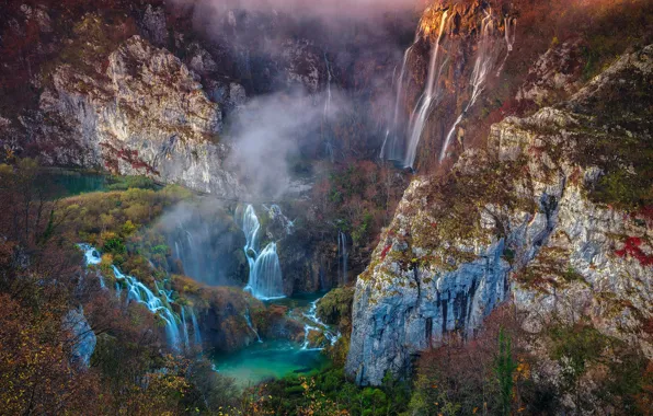 Лес, деревья, горы, скалы, водопад, Хорватия, Национальный парк Плитвицкие озера