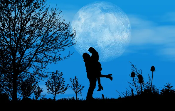 Ночь, луна, романтика, пара, силуэты, свидание