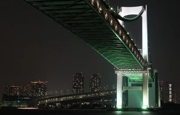 Картинка мост, город, Япония, Токио, залив, Tokyo, Japan, Rainbow Bridge