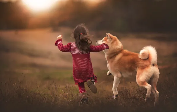 Радость, собака, бег, девочка, друзья