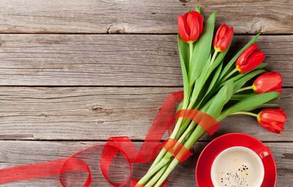 Картинка любовь, цветы, подарок, кофе, букет, чашка, тюльпаны, red