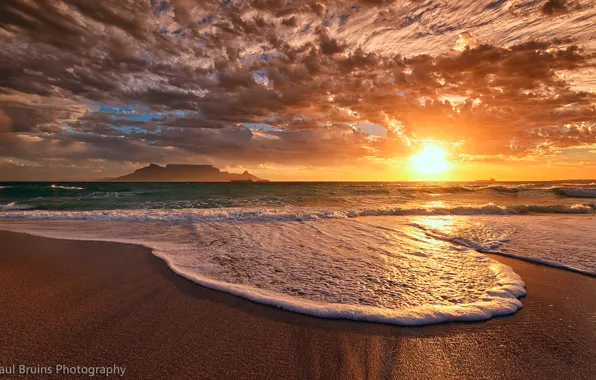 Пляж, небо, пена, солнце, облака, закат, океан, вечер