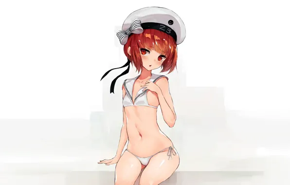 Girl, sexy, anime, beautiful, red eyes, short hair, pretty, redhead