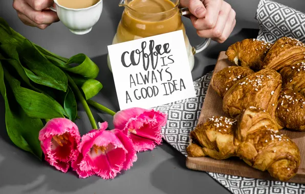 Кофе, завтрак, чашка, тюльпаны, pink, cup, tulips, coffee