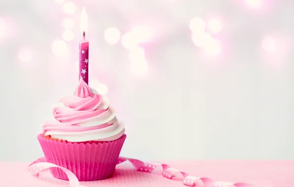 День рождения, свеча, крем, Happy Birthday, pink, cupcake, кекс, candle