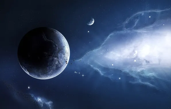 Картинка планеты, метеориты, небо, фантастика, космос, звезды