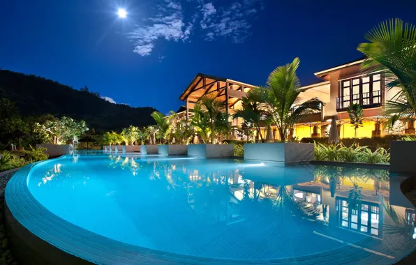 Вилла, вечер, бассейн, курорт, Seychelles, Resort, Petit Anse