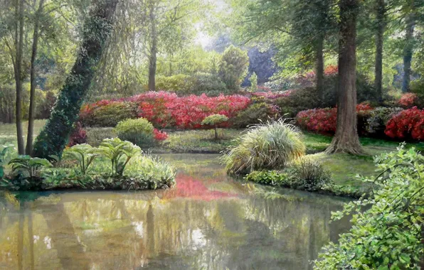 Картинка вода, деревья, пейзаж, цветы, озеро, парк, картина, сад