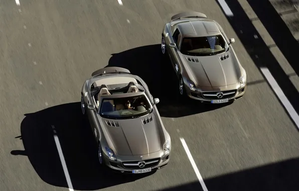 Картинка дорога, фон, скорость, Mercedes, красотки, Benz SLS AMG and Mercedes Benz SLS AMG roadster