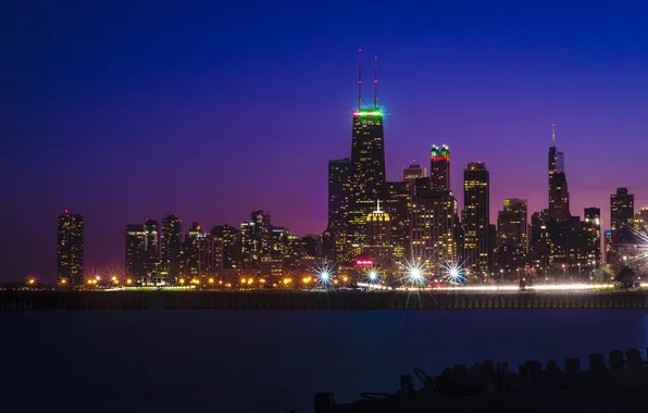 Картинка закат, ночь, огни, отражение, Чикаго, Иллинойс, озеро Мичиган, Центр Джона Хэнкока