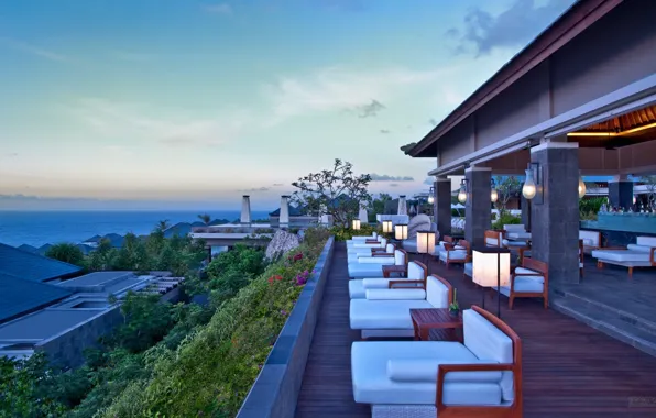 Beach, sky, bench, resort, balcony