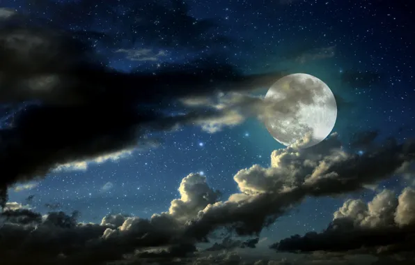 Night, full moon, Clouded moon