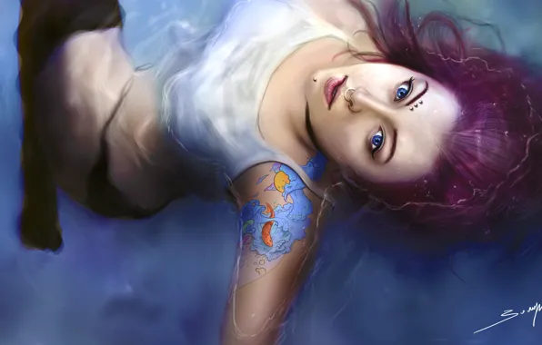Картинка вода, Девушка, пирсинг, татуировка