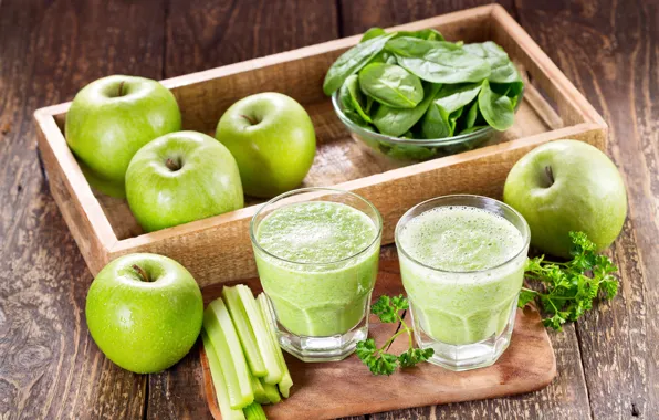 Зелень, яблоки, доски, стаканы, фрукты, лоток, овощи, боке