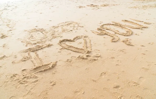 Картинка песок, море, пляж, любовь, сердце, love, beach, I love you