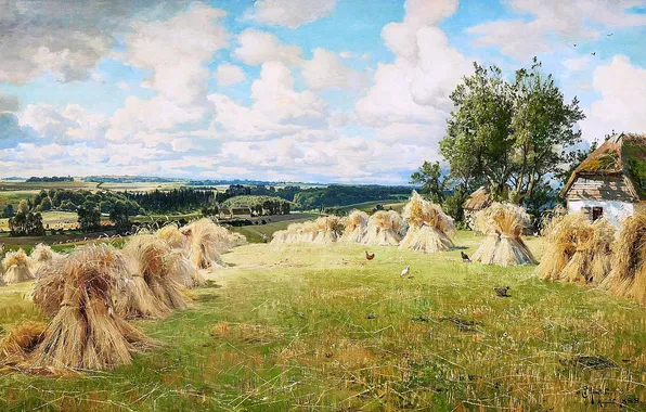 Облака, Поле, Дом, Картина, Peder Mork Monsted, Стога, Peder Mørk Mønsted, Датский живописец