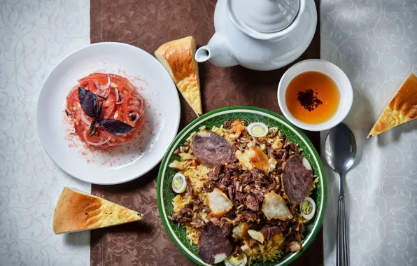 Чай, еда, яйца, чайник, лук, хлеб, мясо, рис