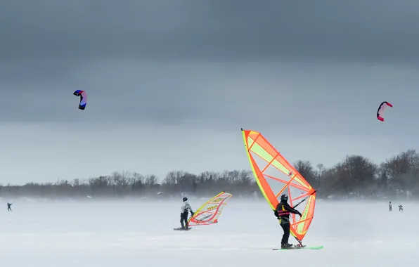 Картинка зима, снег, ветер, сноубординг, Онтарио, кайт, Кесвик, сноукайтинг