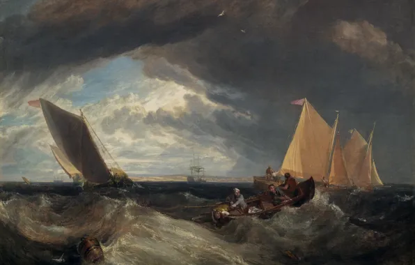 Картинка пейзаж, река, лодка, картина, парус, Уильям Тёрнер, The Junction of the Thames and the Medway