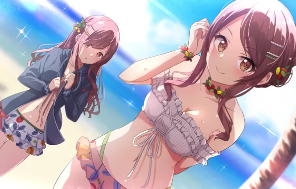 Girl, sexy, cleavage, beach, long hair, sea, boobs, anime