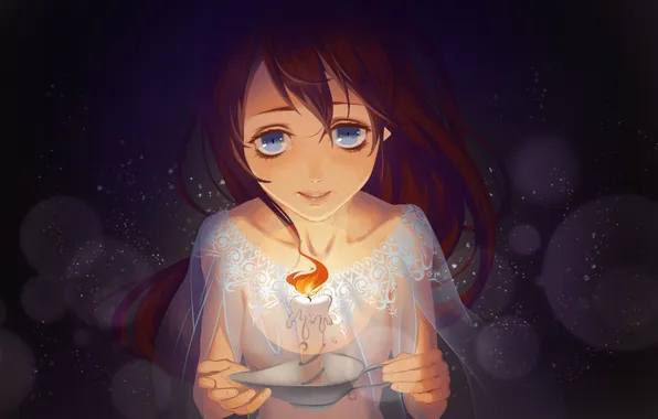 Картинка девушка, улыбка, огонь, свеча, аниме, арт, shou shizuku