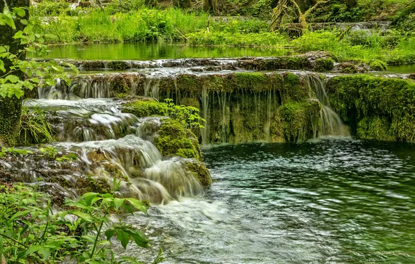 Картинка зелень, ручей, водопад, Германия, Бавария, Greding, мох трава