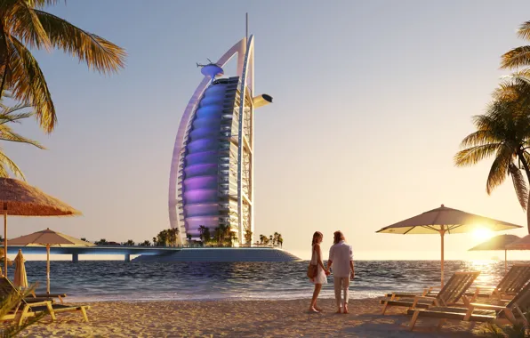 Картинка Море, Люди, Рассвет, Пальмы, Двое, Дубай, Dubai, Burj Al Arab