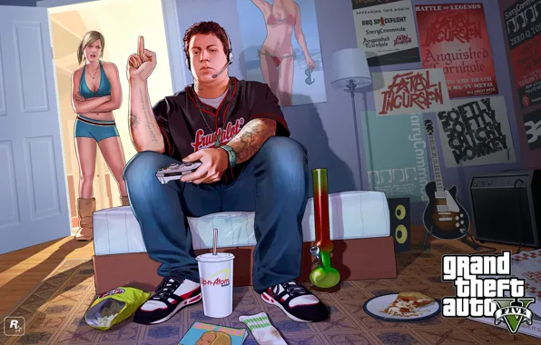 Картинка комната, мальчик, девочка, постер, gta, Grand Theft Auto V, Rockstar Games, джимми