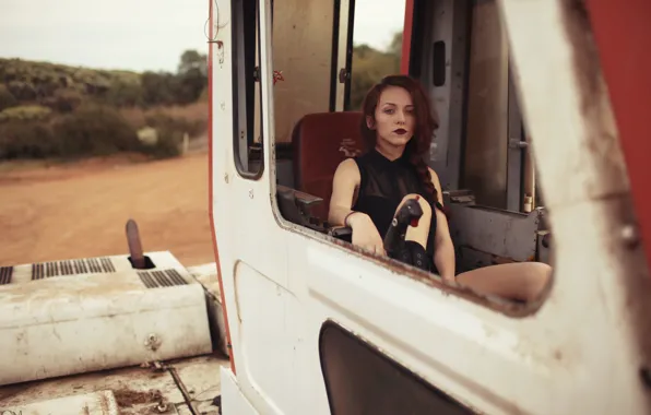 Girl, woman, model, tractor, female, cabin, Jacquie Glover, levers