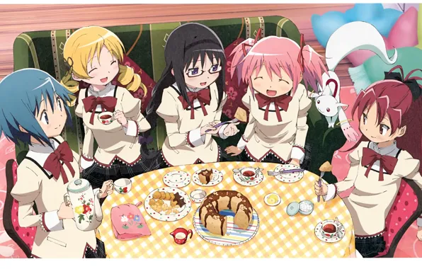 Чаепитие, веселье, подруги, скатерть, Akemi Homura, Kyubey, Mahou Shoujo Madoka Magica, Mami Futami