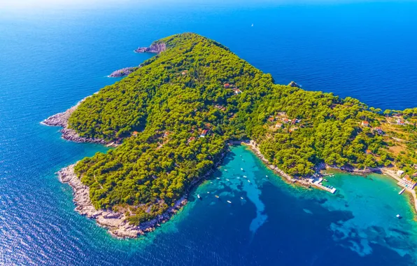 Море, дома, лодки, причал, сверху, Ядран, rocky beach on Elaphites island, Kolocep