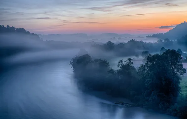 Картинка небо, деревья, горы, туман, дом, река, утро