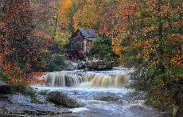 Картинка осень, река, поток, США, Babcock State Park, водяная мельница, New River Gorge, округ Фейетт