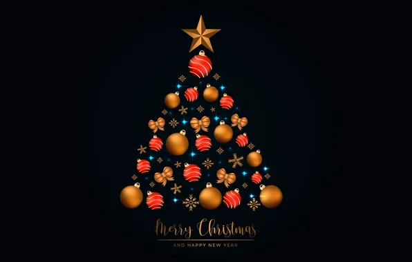 Картинка украшения, золото, елка, Рождество, Новый год, golden, christmas, черный фон