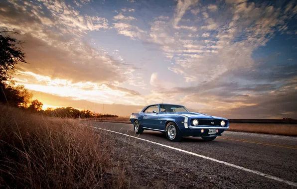 Дорога, 1969, Camaro, Classic, chevrolet, blue, American, Muscle небо