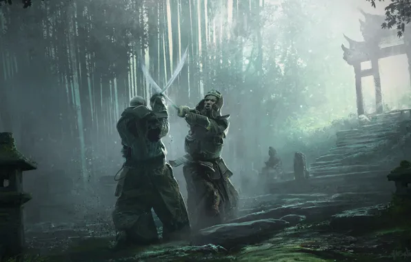 Sword, fantasy, forest, trees, katana, men, battle, samurai